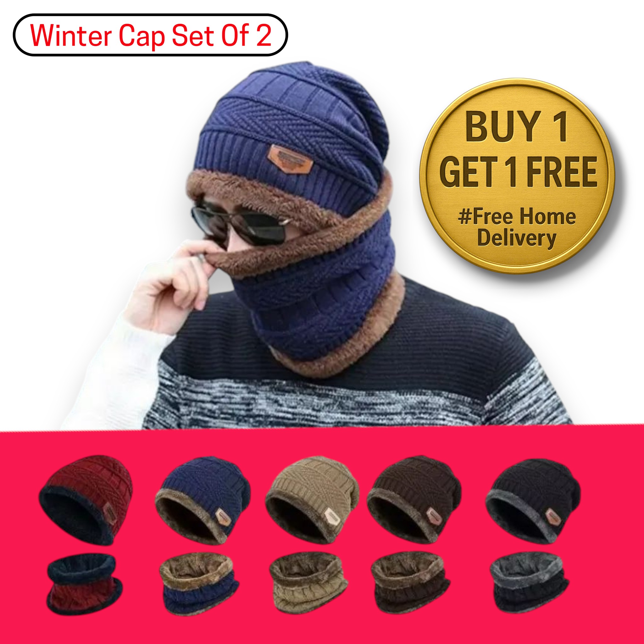 Winter Cap Buy1 Get 1 Free  Multi-Size  (2 head and 2 Neck) Random colour