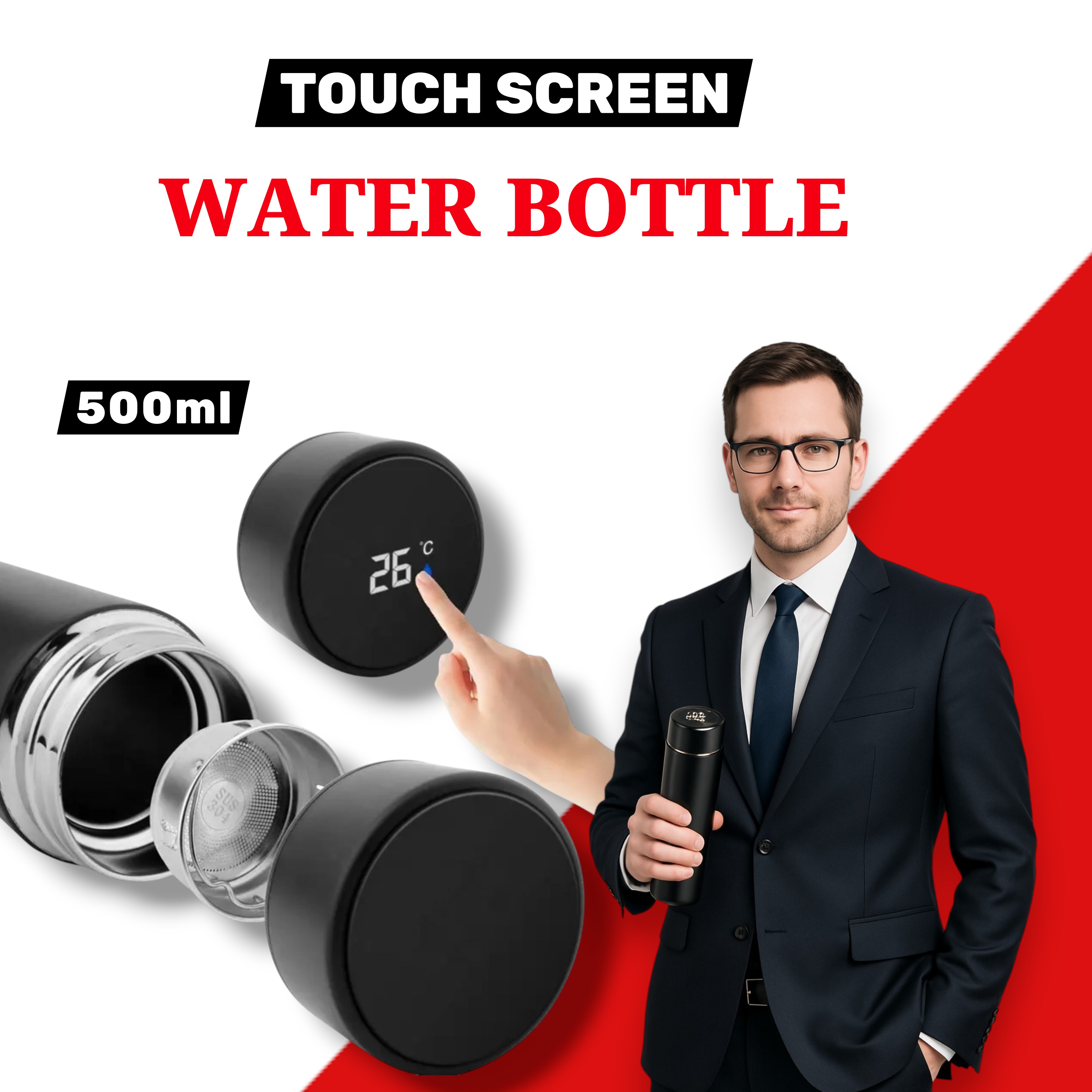 Steel Temperature Water Bottle 500ml Touch Screen